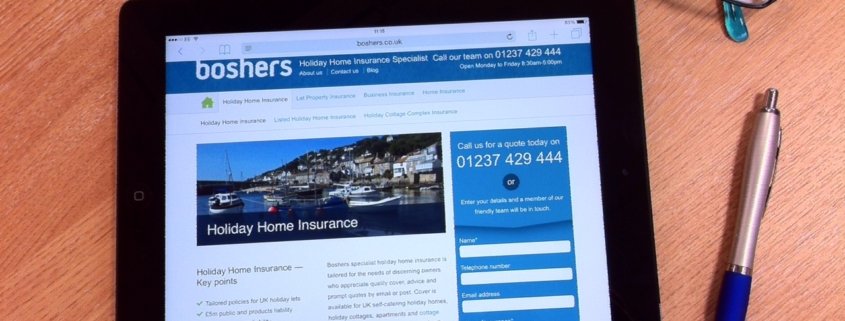 Boshers specialist holiday home insurance webite on ipad